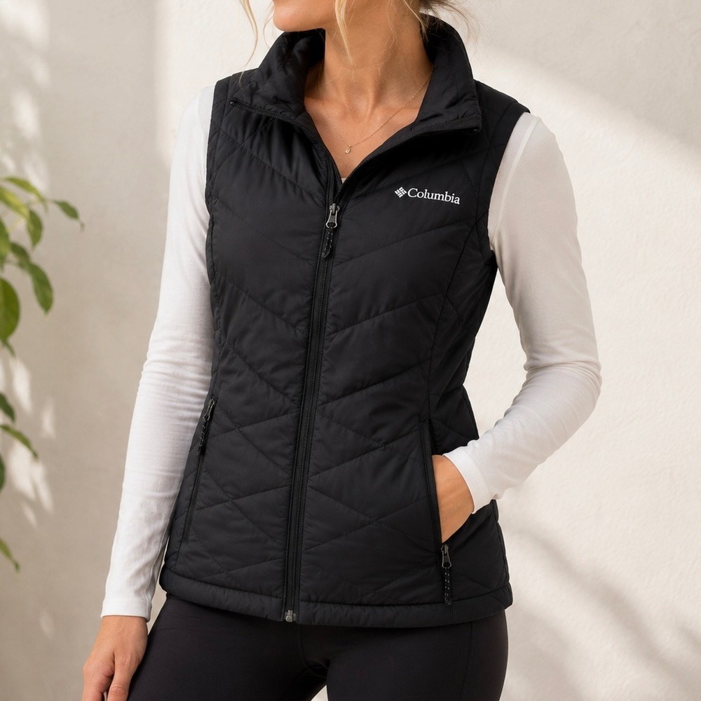 Columbia Women Black Omni-Heat Puffer Vest Chevron Quilted Full Zip XS